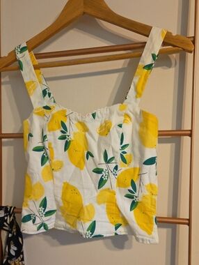 Collectif Yellow Lemon Print Crop Tank Top